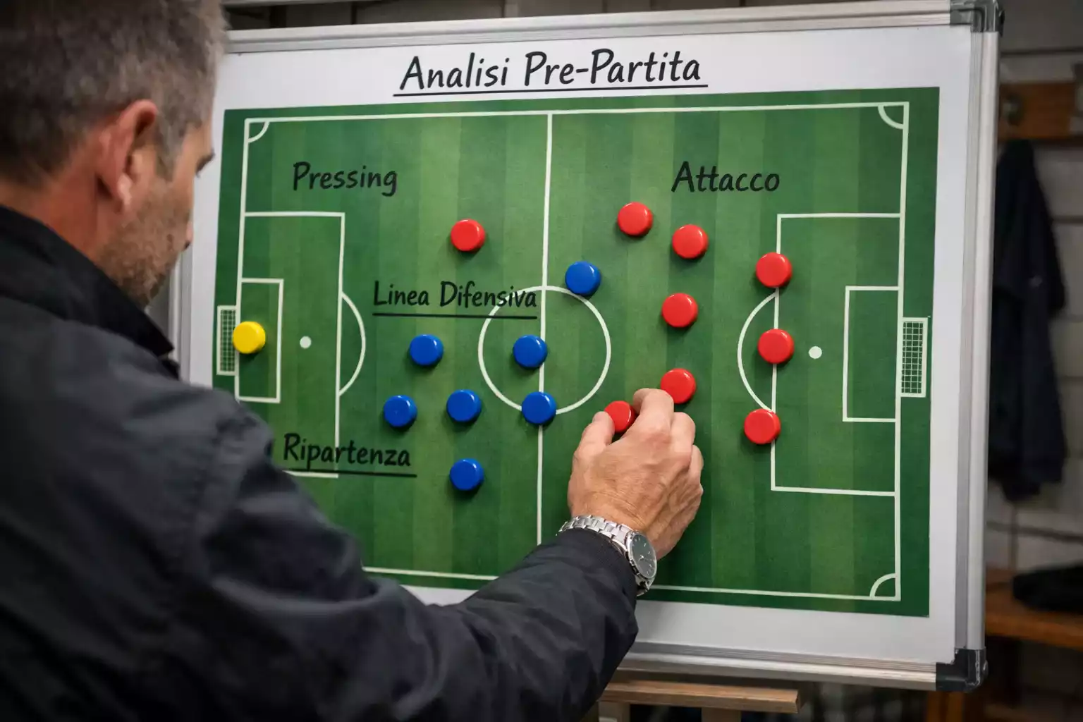 Allenatore che analizza formazioni sulla lavagna tattica