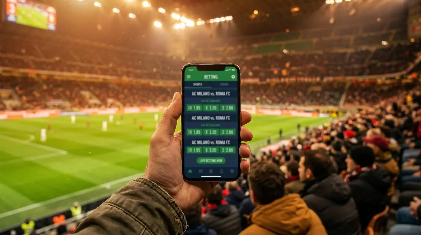 Smartphone con app di scommesse sportive in mano durante una partita di calcio allo stadio