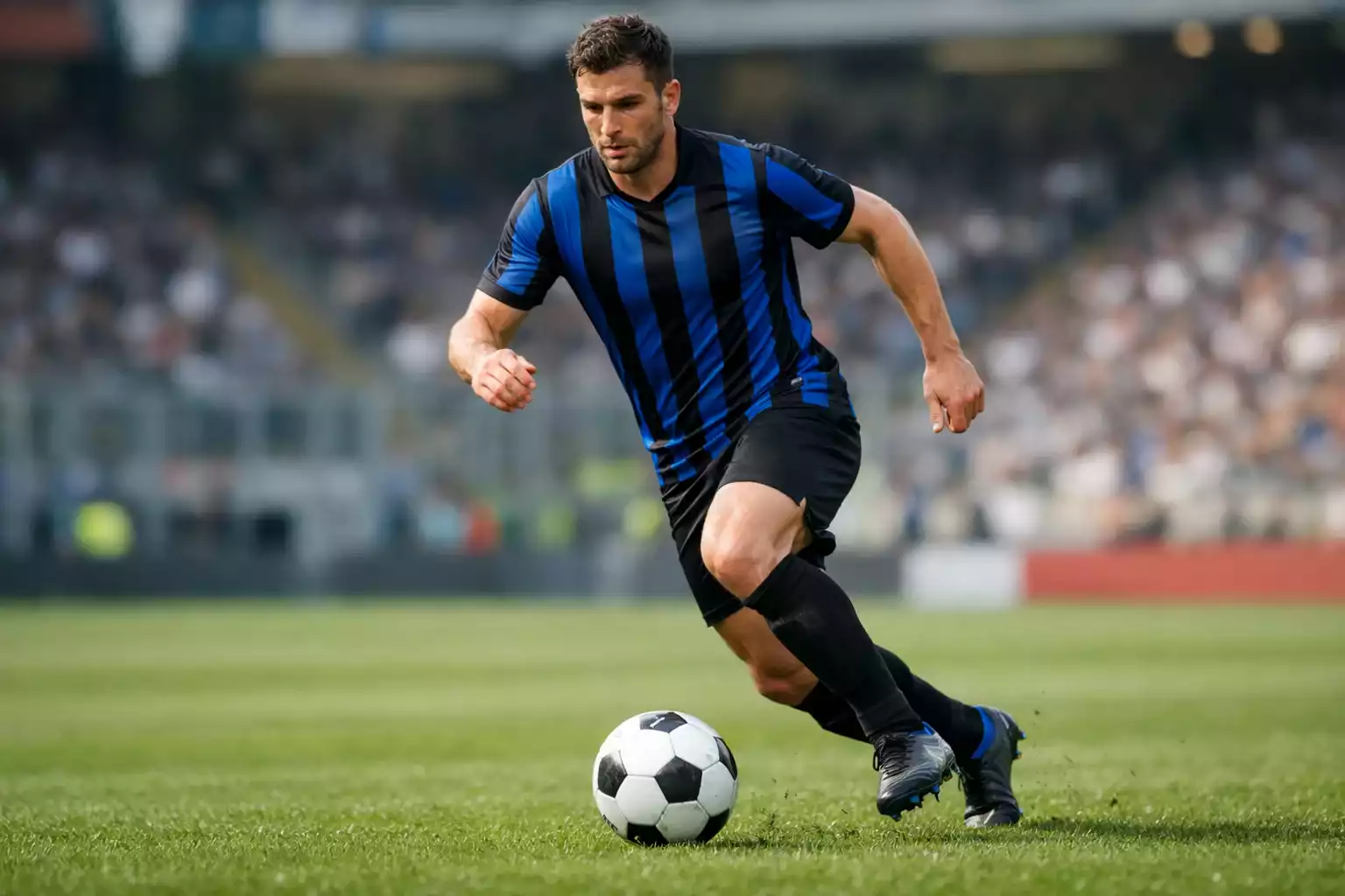 Giocatore di calcio in maglia nerazzurra che corre con il pallone