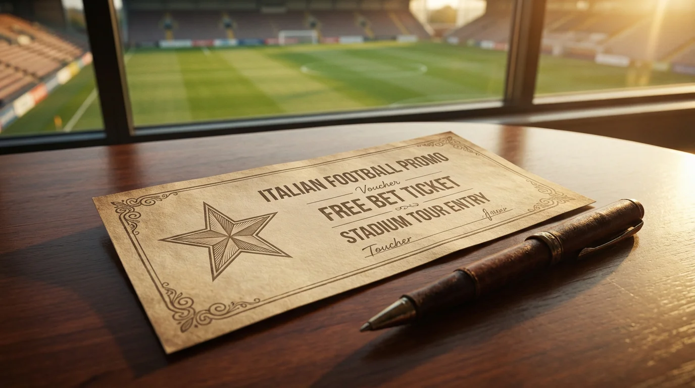 Biglietto promozionale di scommesse sportive su un tavolo accanto a uno stadio di calcio