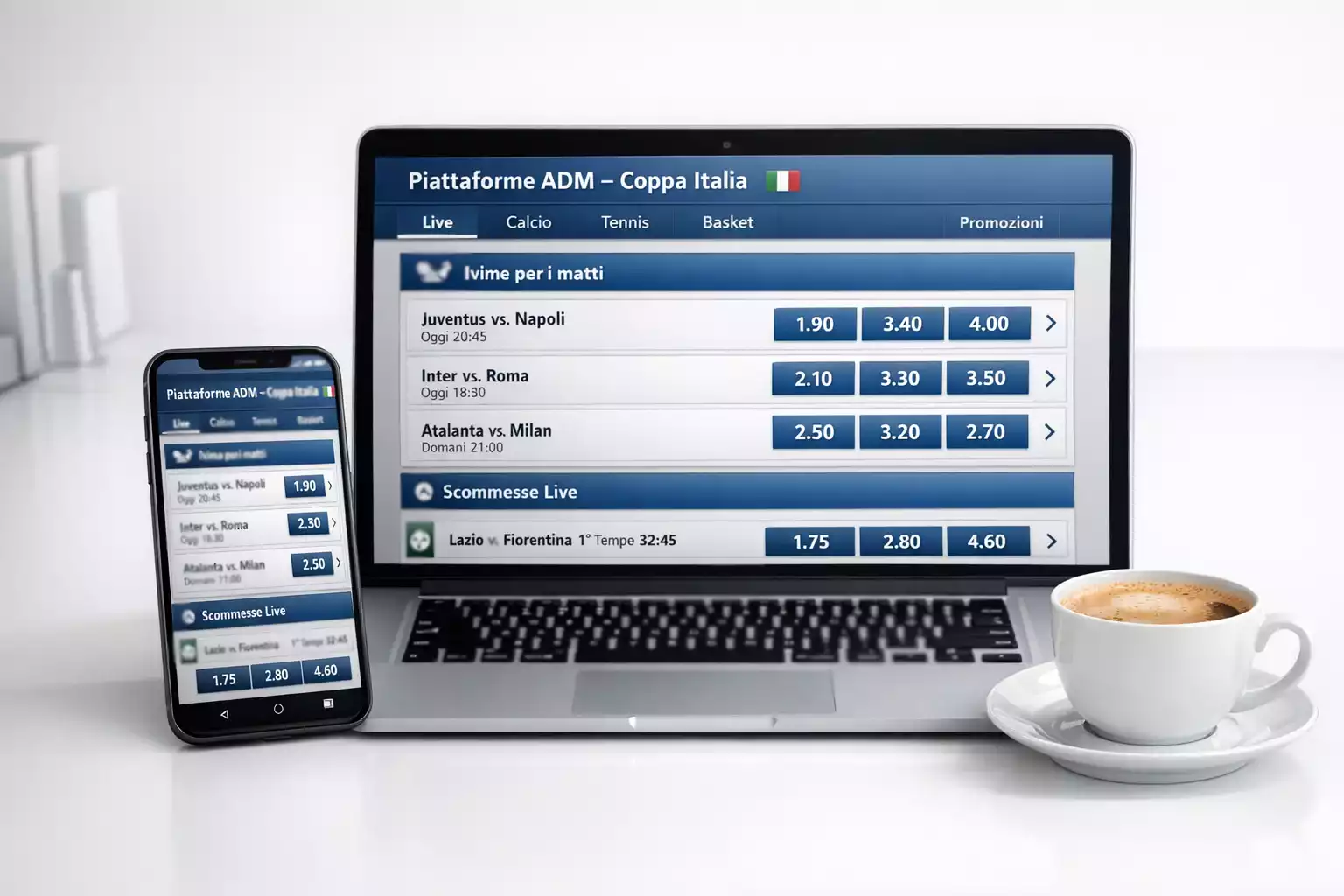 Smartphone e laptop che mostrano piattaforme di scommesse sportive autorizzate