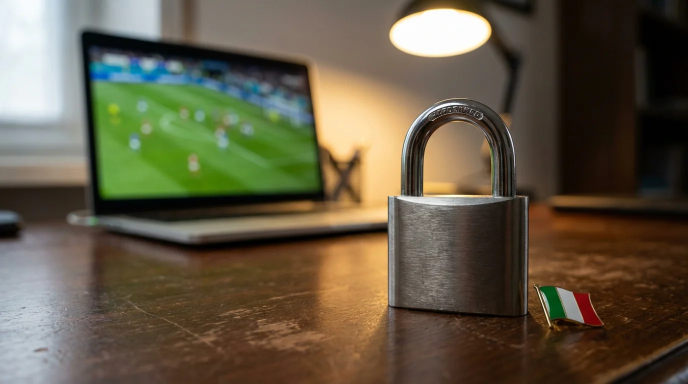 Lucchetto di sicurezza su uno schermo con partite di calcio di Coppa Italia