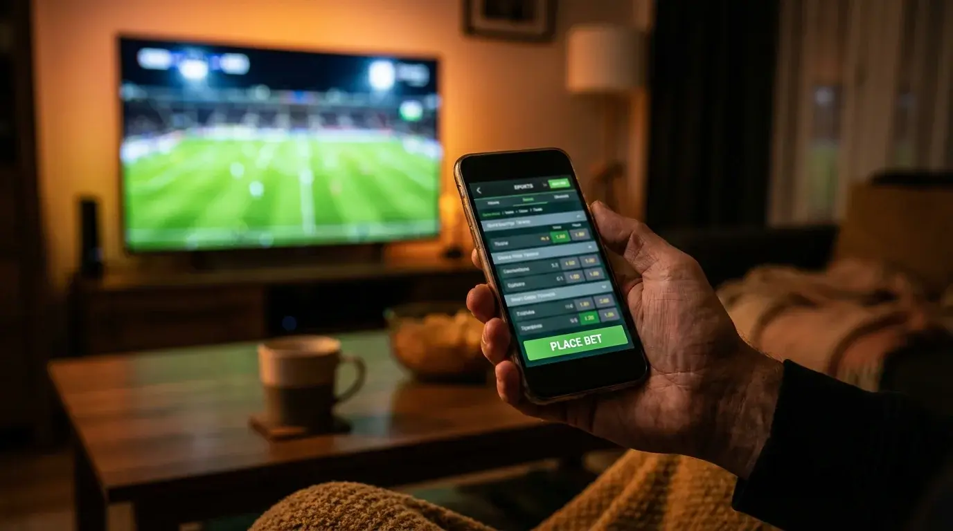 Mano che tiene uno smartphone con una scommessa sportiva attiva durante una partita serale