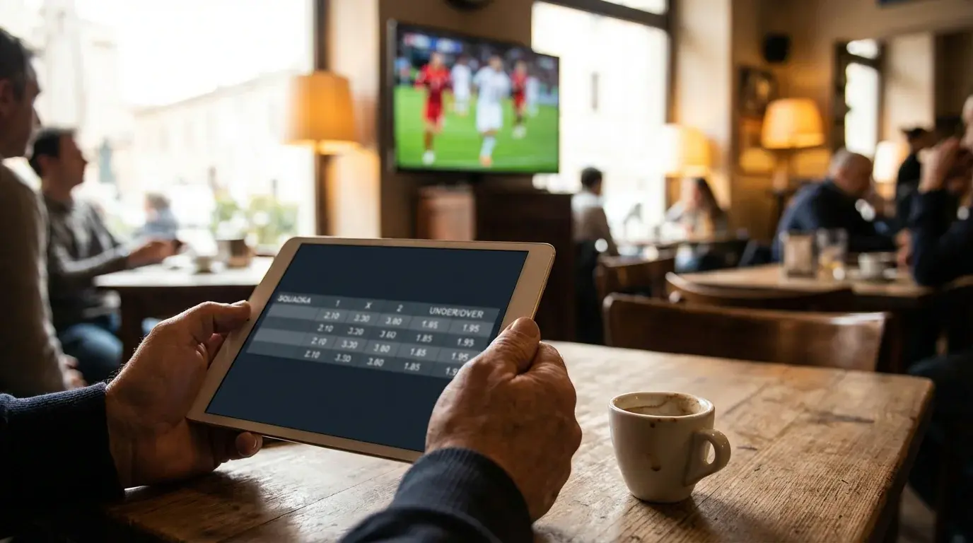 Persona che confronta le quote di diversi bookmaker su tablet prima di una partita