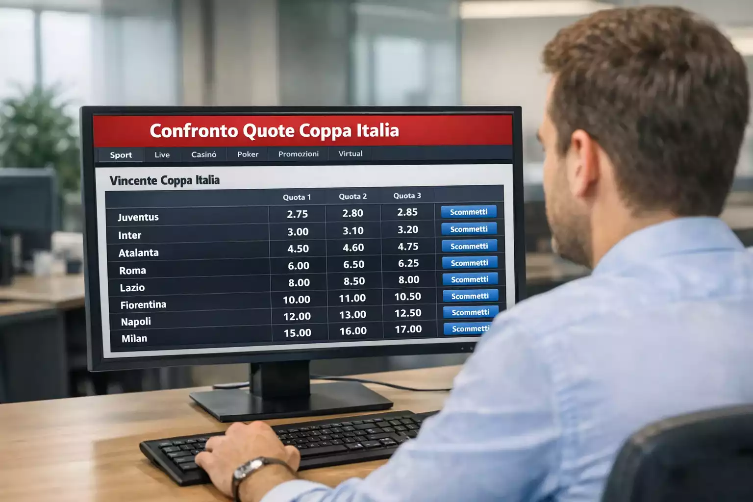 Analista che studia statistiche su un monitor con grafici sportivi