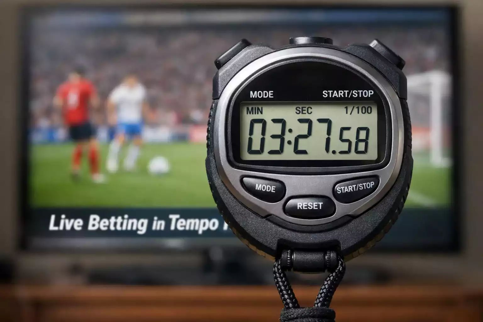 Cronometro in primo piano con campo da calcio sullo sfondo
