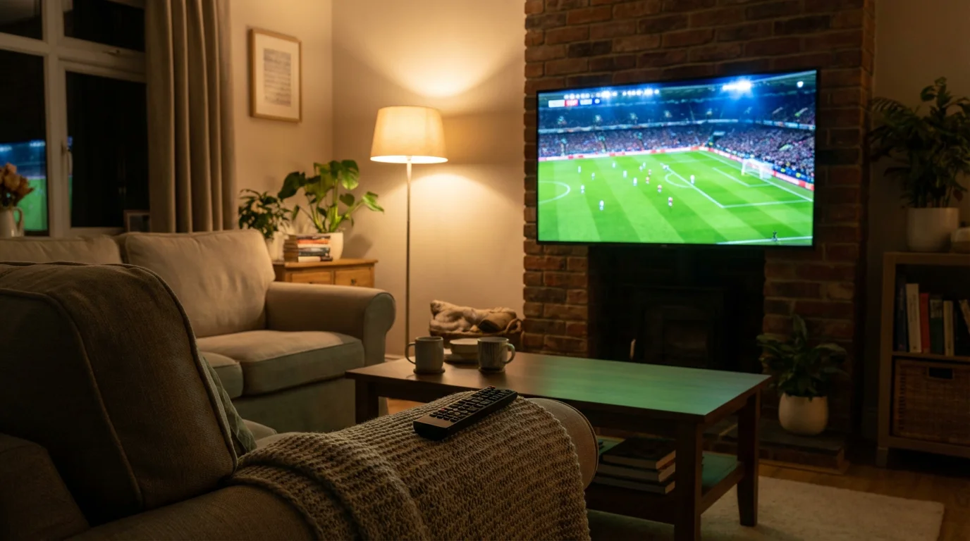 Persona che guarda una partita di Coppa Italia in streaming su un grande schermo a casa