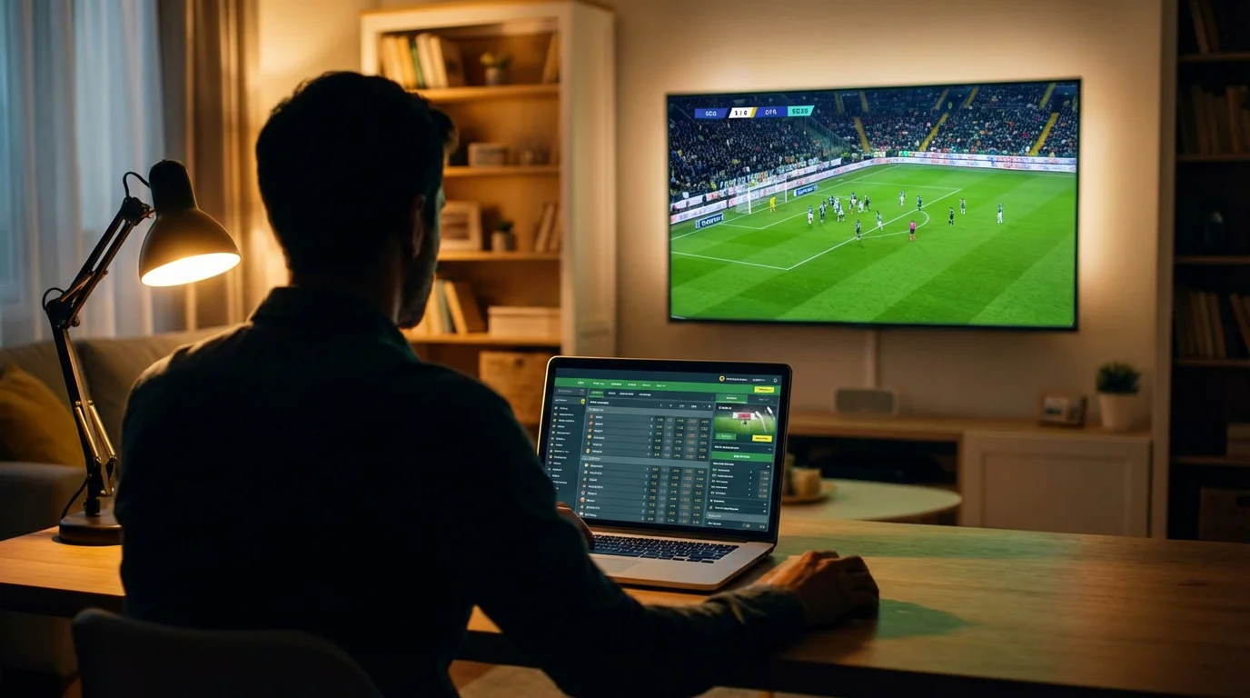 Persona che consulta un sito di scommesse su laptop con partita di calcio sullo sfondo