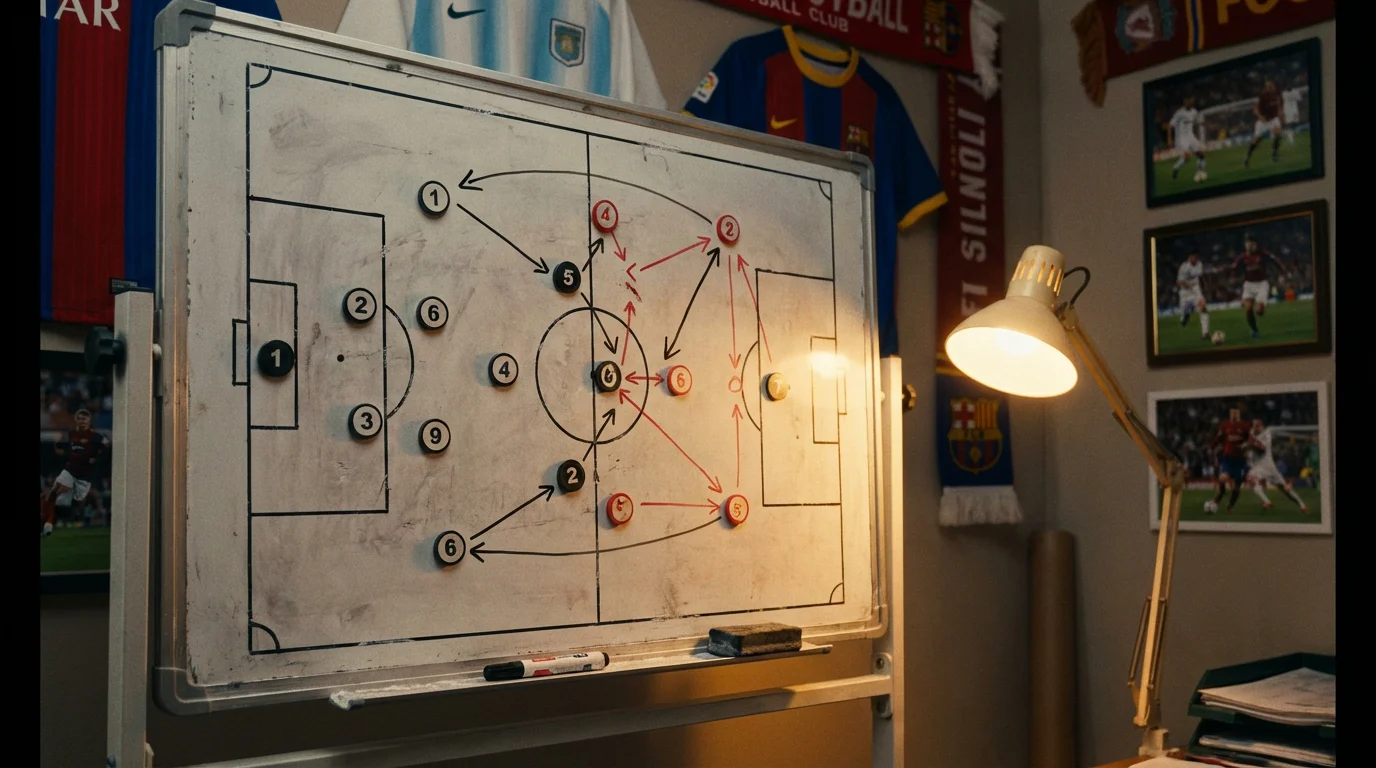 Lavagna tattica con schema di formazione di calcio e appunti per una partita di Coppa Italia