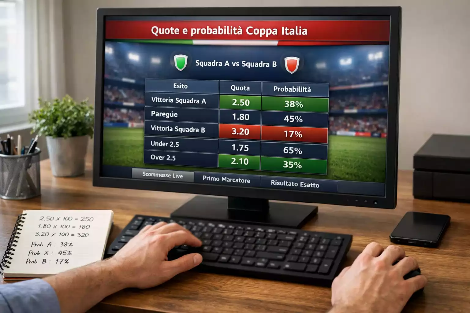Persona che analizza quote di scommesse su schermo di computer con tabella di probabilità