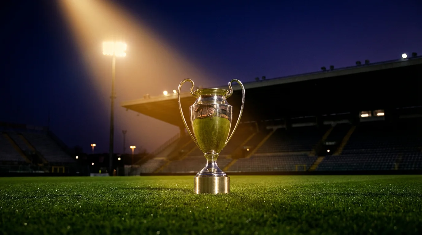 Trofeo della Coppa Italia illuminato sotto i riflettori in uno stadio di calcio