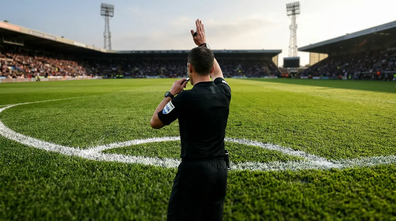 Arbitro di calcio che fischia l'inizio di una partita di Coppa Italia al centro del campo