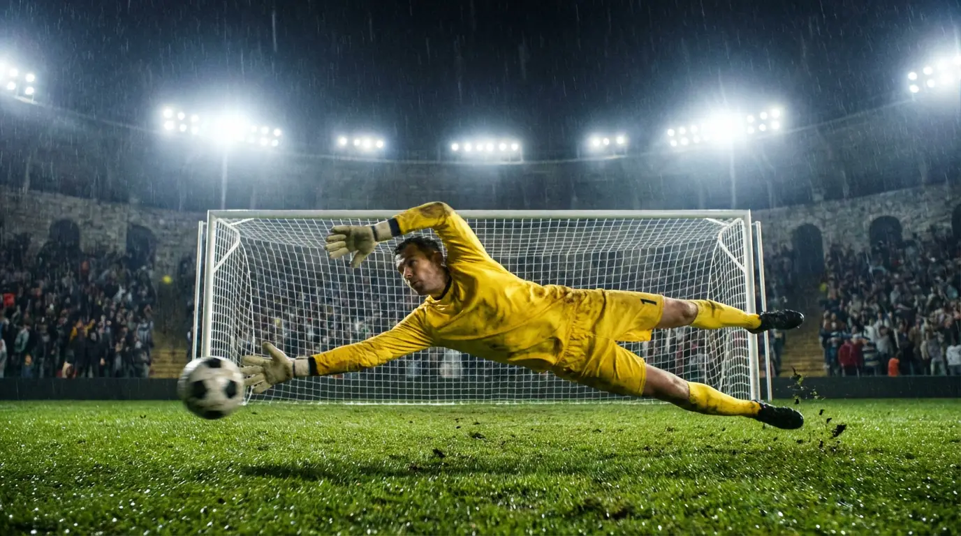 Portiere di calcio in tuffo durante un tiro in porta in una partita di Coppa Italia