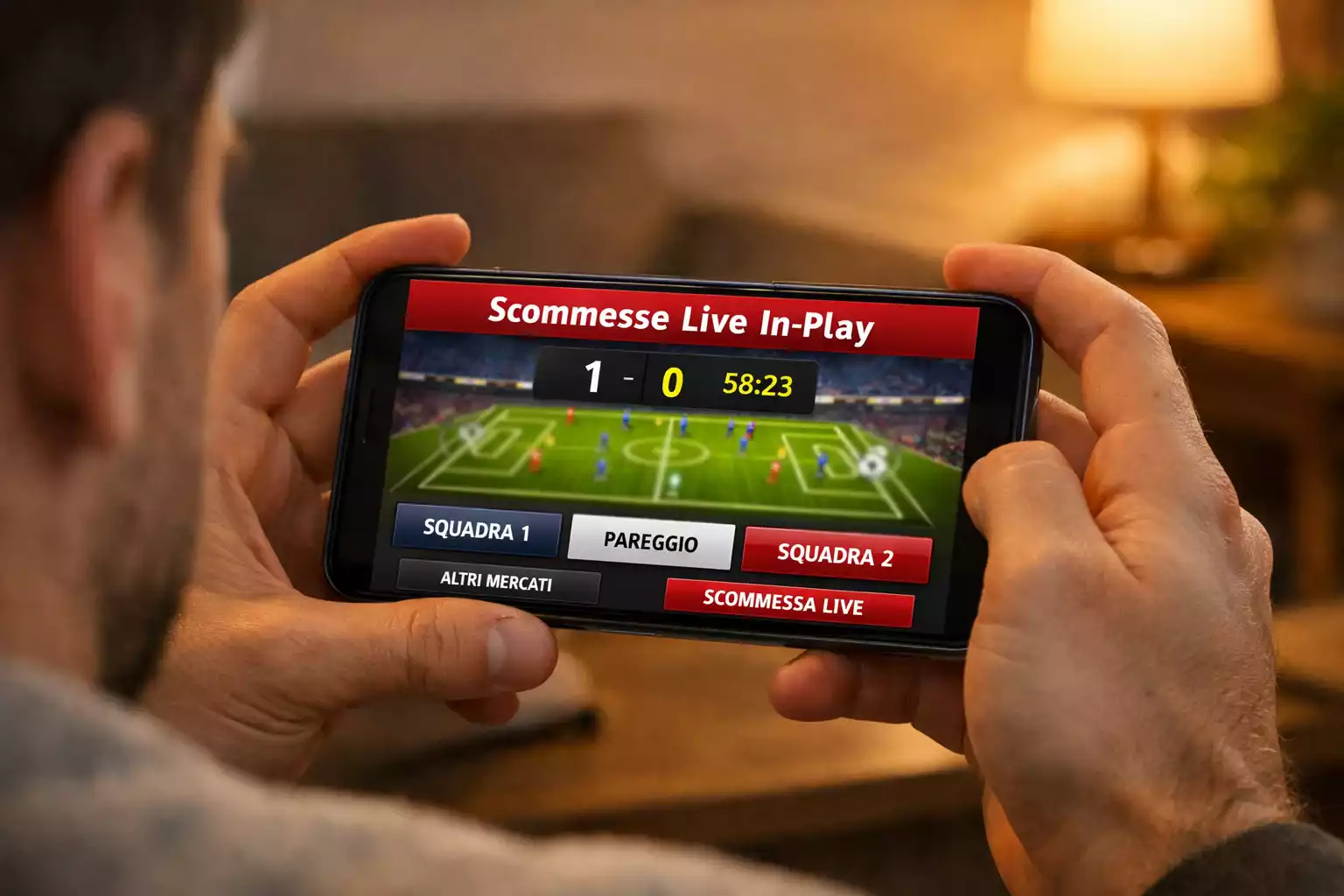 Tifoso che segue una partita in diretta sullo smartphone