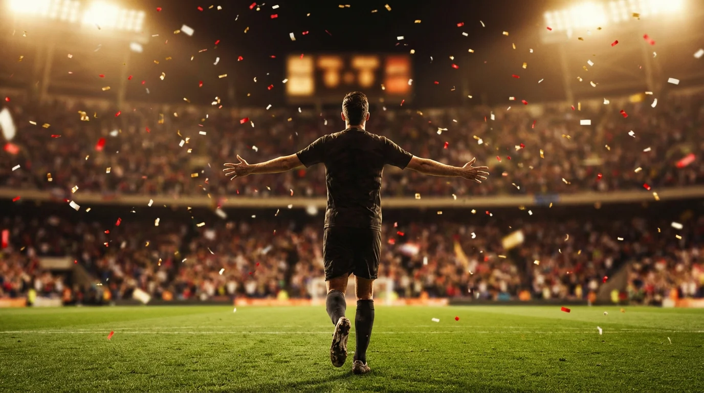 Attaccante che esulta dopo un gol sotto la curva in una partita di Coppa Italia