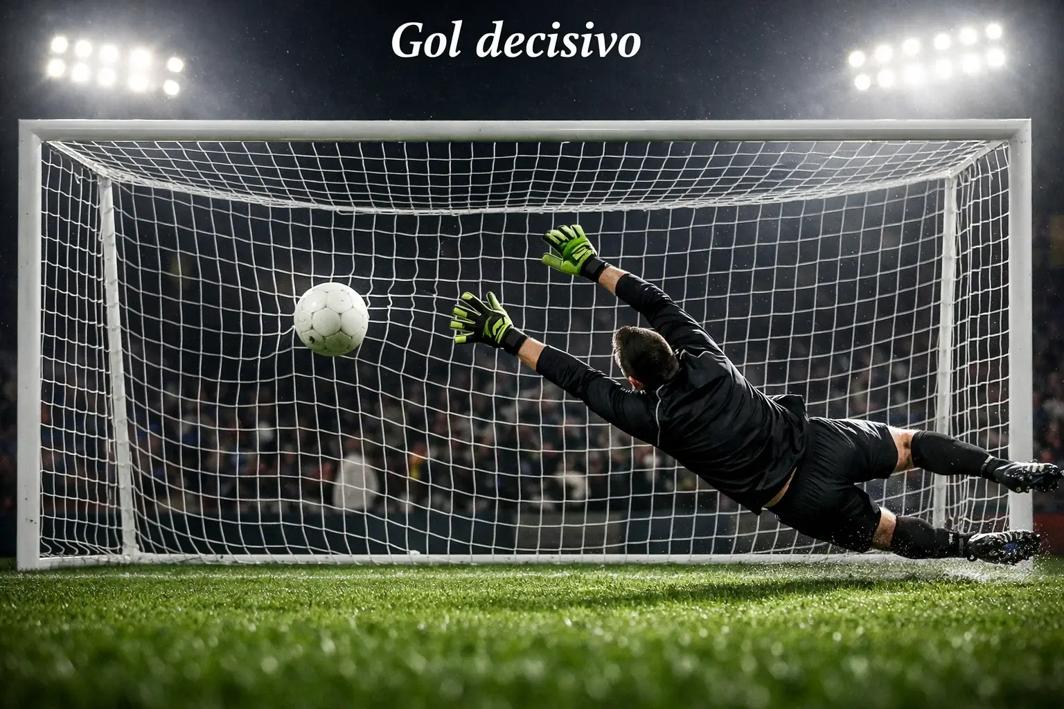 Pallone da calcio nella rete di una porta durante una partita notturna di Coppa Italia