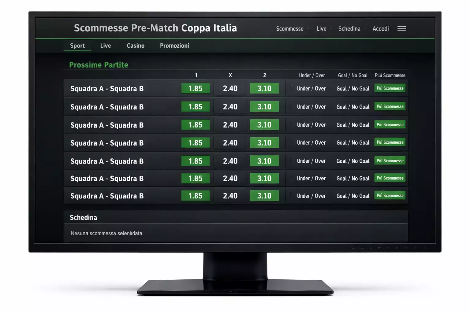Schermo che mostra quote e opzioni di scommessa per una partita di calcio