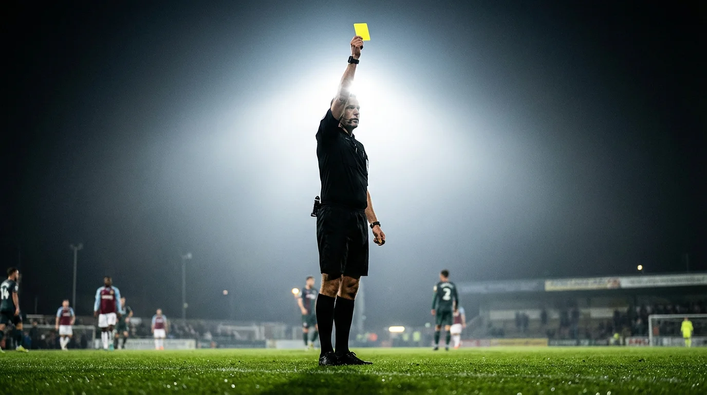 Arbitro di calcio che mostra un cartellino giallo durante una partita notturna di Coppa Italia