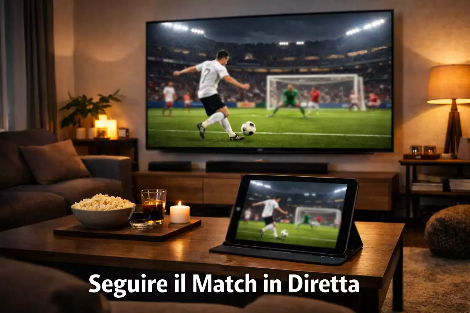 Televisore e dispositivi che mostrano una partita di calcio in diretta