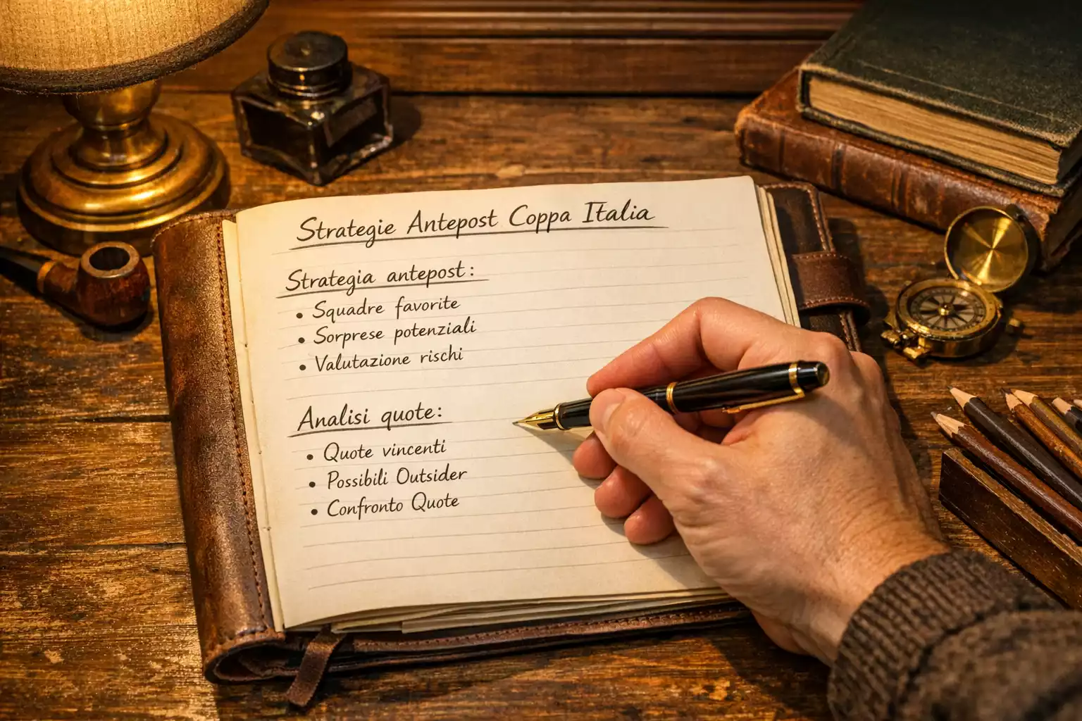 Mano che scrive appunti su un taccuino con strategie di scommesse