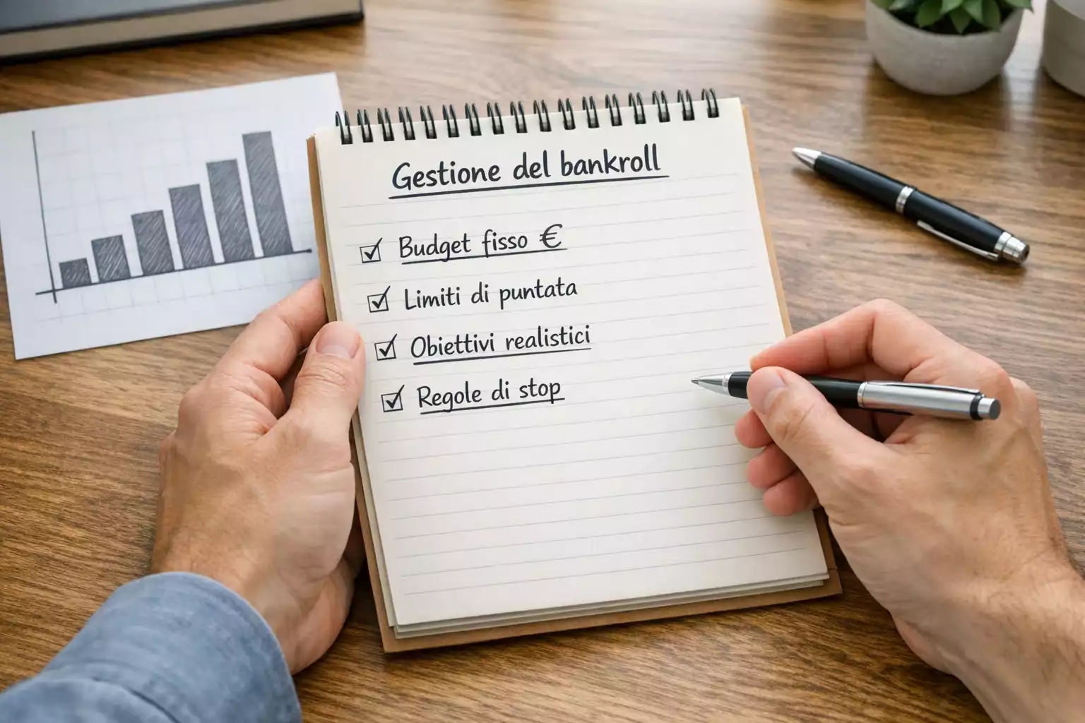 Persona che pianifica budget per scommesse con blocco note e simbolo euro