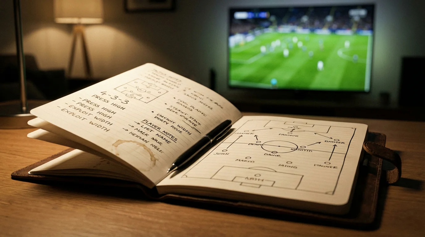Appunti con analisi di una partita di calcio su un blocco note accanto a uno stadio