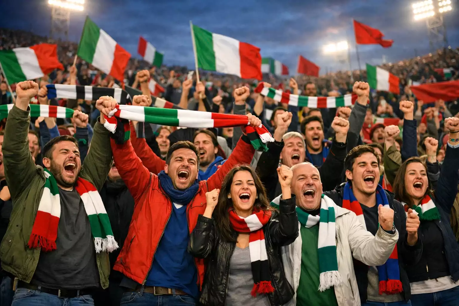 Tifosi italiani che esultano sugli spalti durante una partita di Coppa Italia