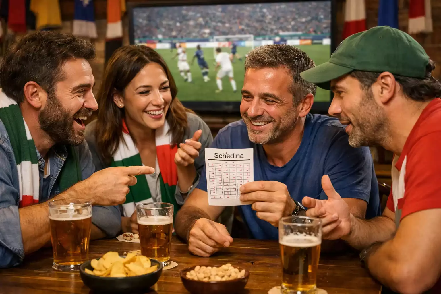 Tifosi che guardano una partita di calcio con schedina di scommesse in mano